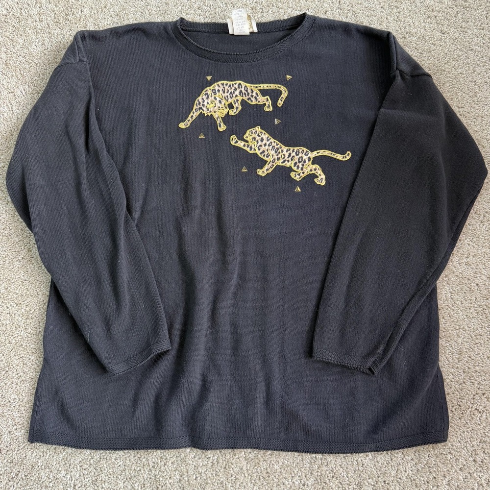 Vintage Leopard Sweater Womens XL Black Leopard Waffle Knit Top Pullover